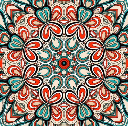 Round symmetrical pattern in red, blue and white colors. Mandala. Kaleidoscopic design.  Ethnic background.