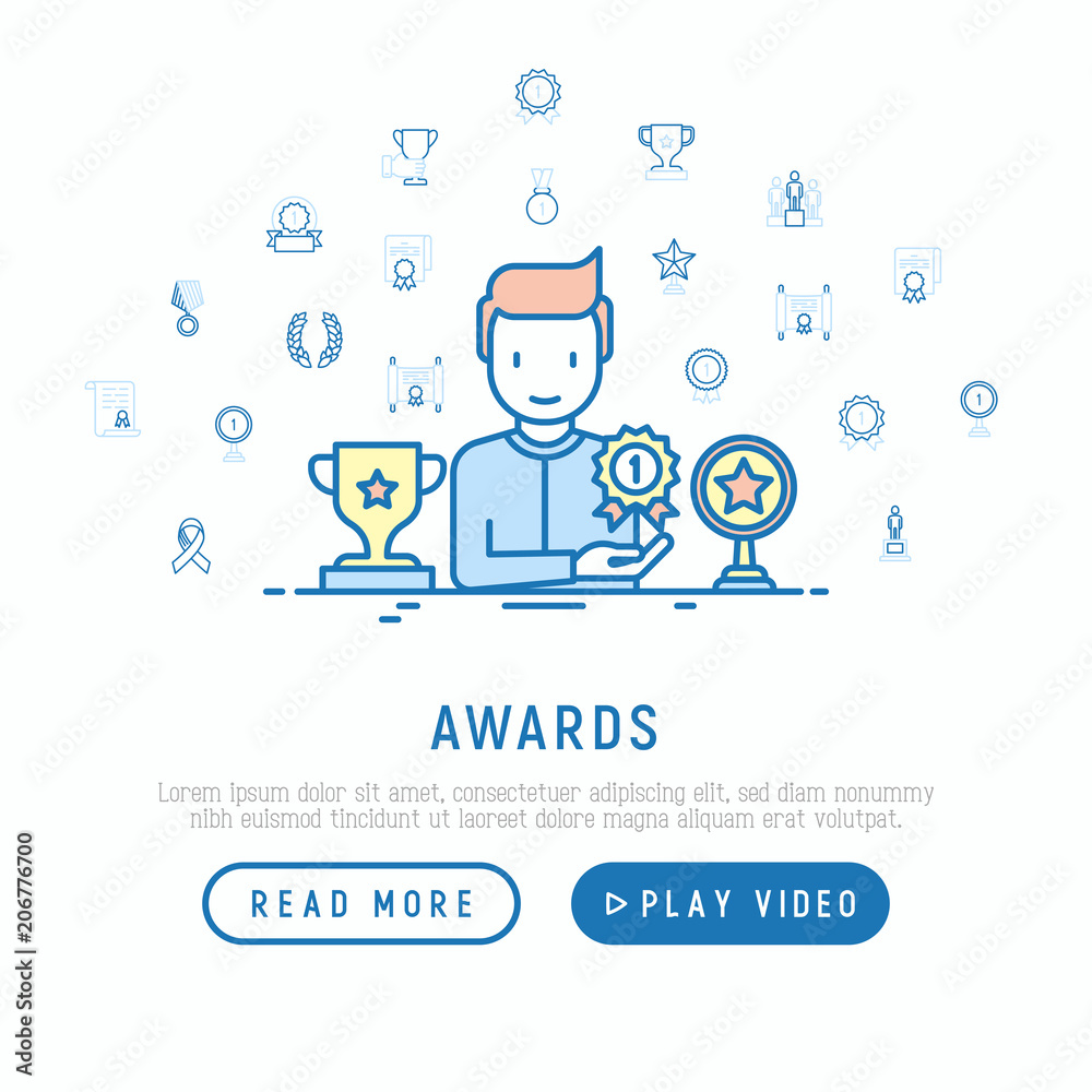 Awards concept with thin line icons: man with trophy, medal, cup, star, statuette, ribbon. Modern vector illustration of prizes for competition, web page template. Awards concept with thin line icons: man with trophy, medal, cup, star, statuette, ribbon. Modern vector illustration of prizes for competition, web page template.