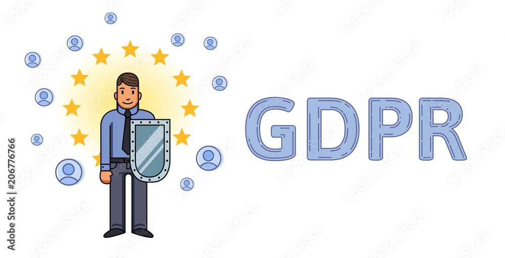 GDPR and online security. Man with a shield among European stars and personal accounts. GDPR letters. General Data Protection Regulation. Flat vector concept illustration. Isolated on white. GDPR and online security. Man with a shield among European stars and personal accounts. GDPR letters. General Data Protection Regulation. Flat vector concept illustration. Isolated on white.