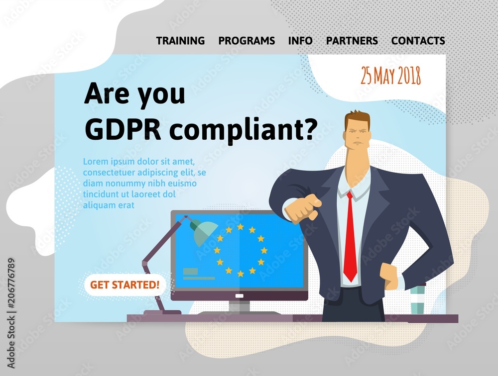 GDPR compliance. General Data Protection Regulation. Businessman pointing out a question in front of computer. Are you compliant. Design template of website, poster, print media. Vector illustration. GDPR compliance. General Data Protection Regulation. Businessman pointing out a question in front of computer. Are you compliant. Design template of website, poster, print media. Vector illustration.