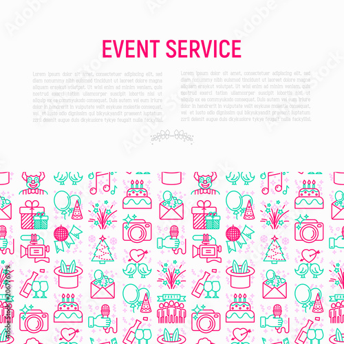 Event services concept with thin line icons: kids party, gifts, birthday, magician, clown, videographer, party invitation, corporate, fireworks, celebration. Vector illustration, print media template.