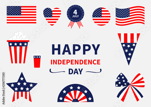 Happy independence day icon set. United states of America. 4th of July. Waving, crossed american flag, heart, round shape, badge with ribbons popcorn, soda, bow. White background. Flat design