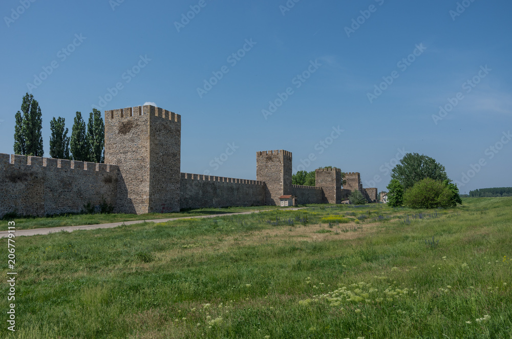 Wall and towers of  Smederevo Fortress is a medieval fortified city in Smederevo, Serbia, which was temporary capital of Serbia in the Middle Ages.