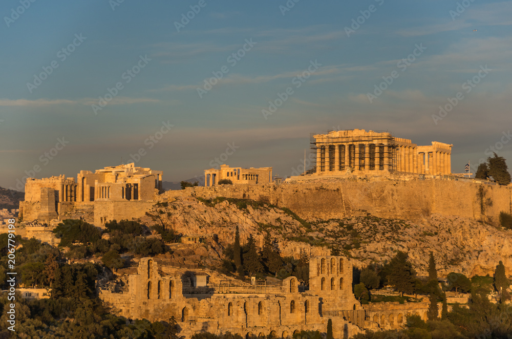 View to Acropolis with Propylaea and The Odeon of Herodes Atticus Theatre. Athens, Greece