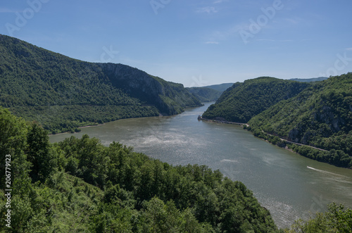 Danube border between Romania and Serbia. Landscape in the Danube Gorges.The narrowest part of the Gorge on the Danube between Serbia and Romania, also known as the Iron Gate.