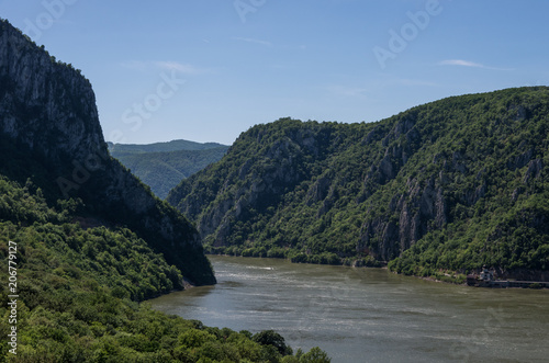 Danube border between Romania and Serbia. Landscape in the Danube Gorges.The narrowest part of the Gorge on the Danube between Serbia and Romania, also known as the Iron Gate.