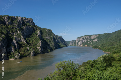 Danube border between Romania and Serbia. Landscape in the Danube Gorges.The narrowest part of the Gorge on the Danube between Serbia and Romania, also known as the Iron Gate. © smoke666