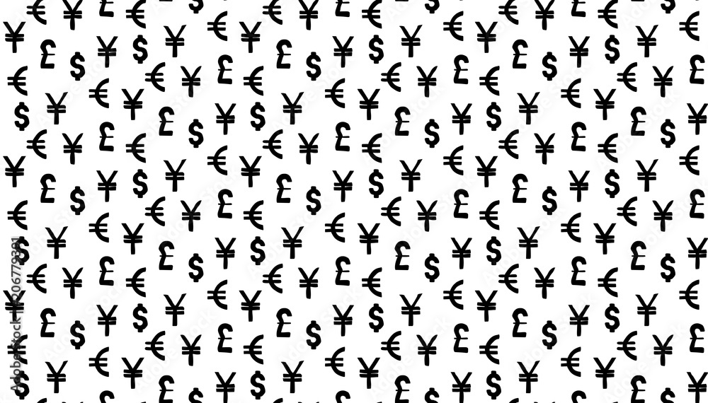 Money currency pattern background. world currency of dollar, euro, pound and yen sings