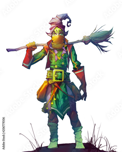 Hand drawn illustration of a funny cartoon anime janitor character with a magic broomstick in his hands, original artwork in mixed media, conceptual fantasy art 