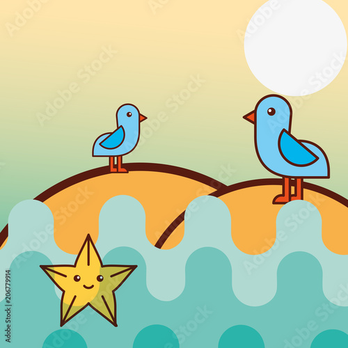 seagull birds starfish sea life cartoon vector illustration