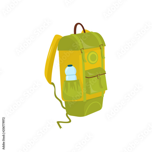 Green-yellow backpack with bottle of water in pocket. Hiking bag for adventurer. Flat vector element for promo poster of tourist store