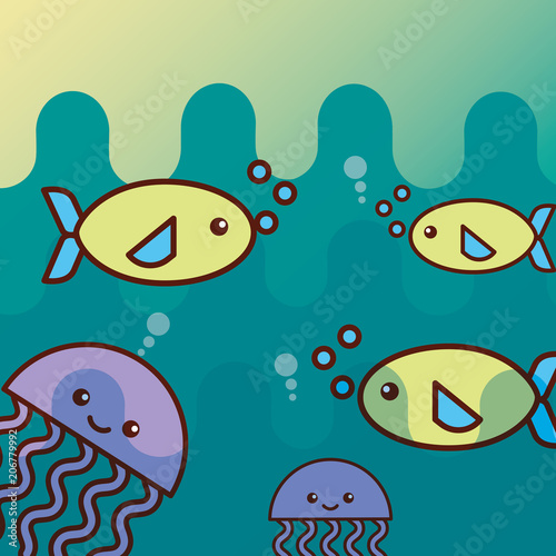 fish jellyfish sea life cartoon ocean vector illustration