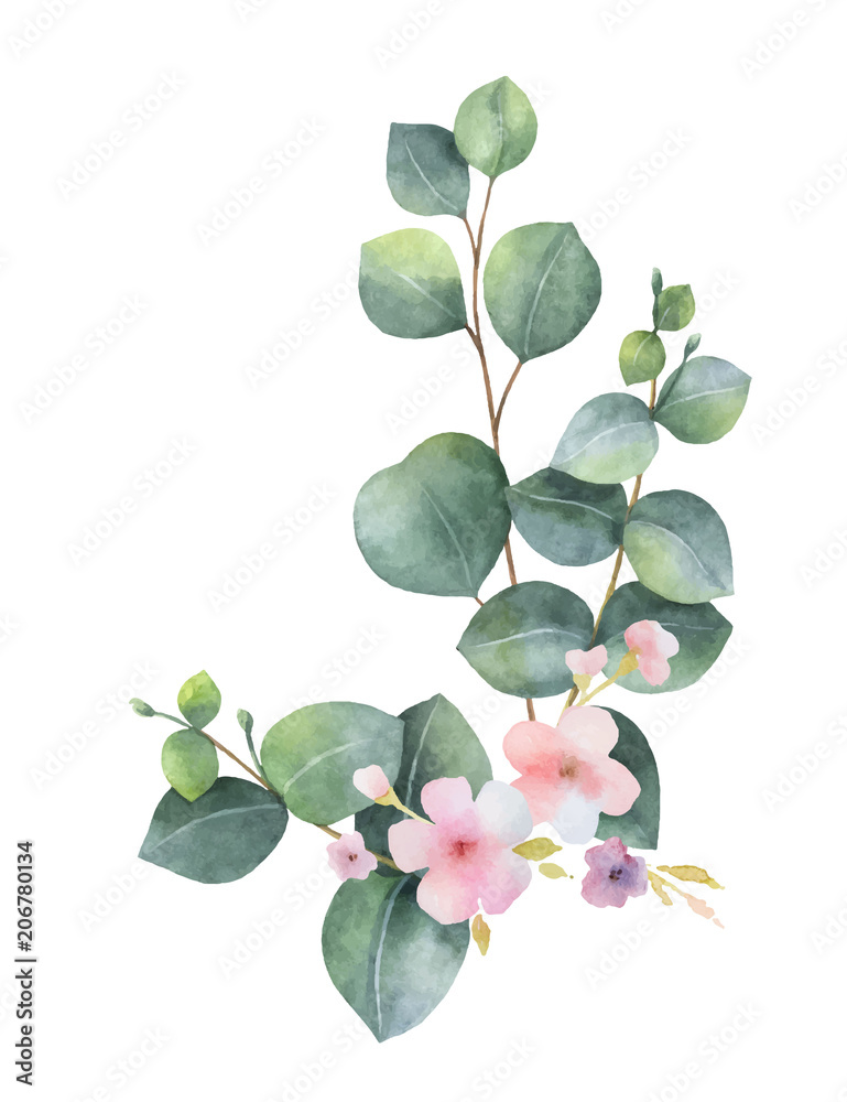 Fototapeta premium Akwarela wektor bukiet z zielonych liści eukaliptusa, różowych kwiatów i gałęzi.