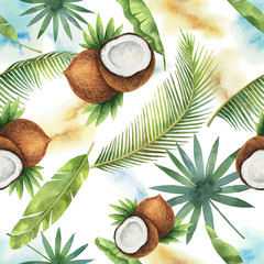 Papier peint photo Fruits aquarelle patrons Cocotiers palmiers aquarelle motif tropical  © ElenaMedvedeva