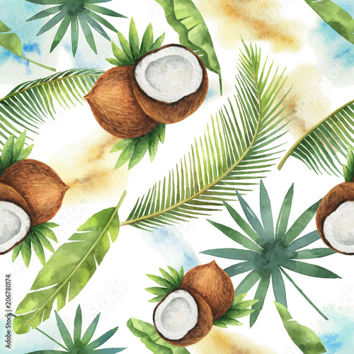 Watercolor vector seamless pattern of coconut and palm trees isolated on white background.