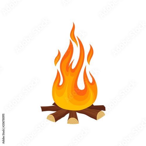 Cartoon icon of bonfire campfire. Tree logs and hot flame. game. Detailed flat vector illustration