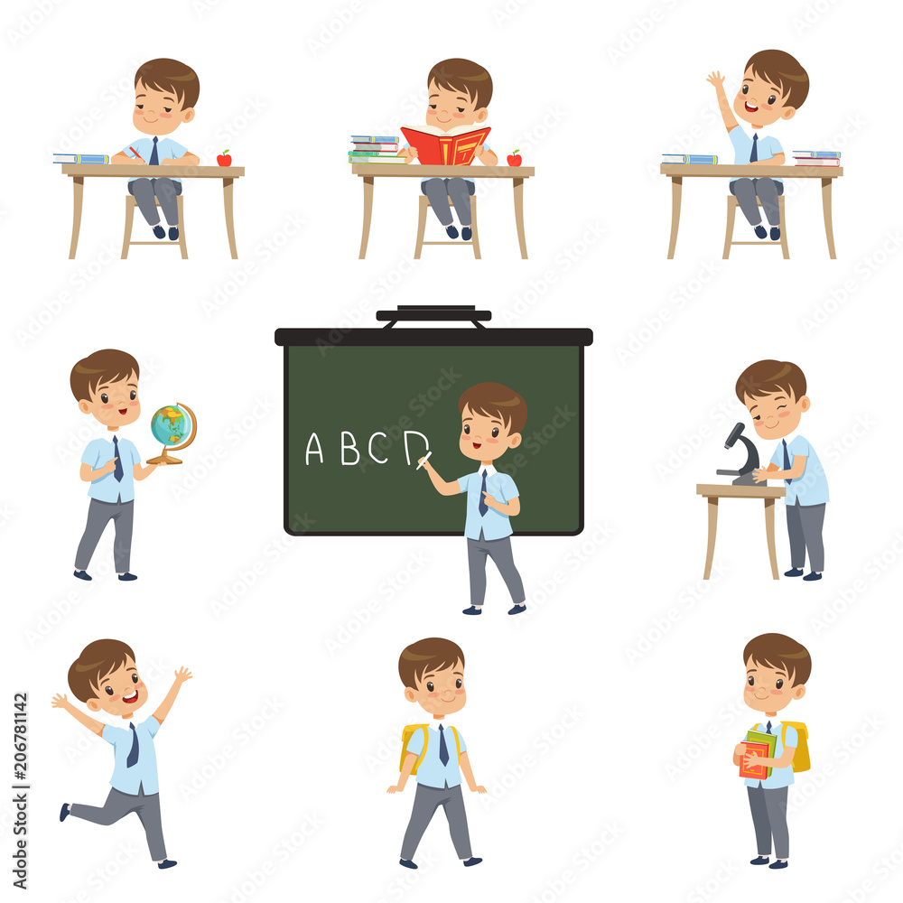 Cute schoolboy student in uniform in various activities set, boy at lessons of biology, geography, mathematics vector Illustrations on a white background