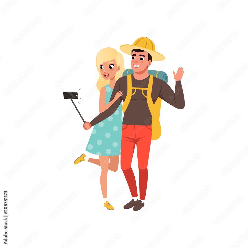 Young tourist couple taking selfie using selfie stick, man and woman traveling together during summer vacation vector Illustration on a white background Young tourist couple taking selfie using selfie stick, man and woman traveling together during summer vacation vector Illustration on a white background