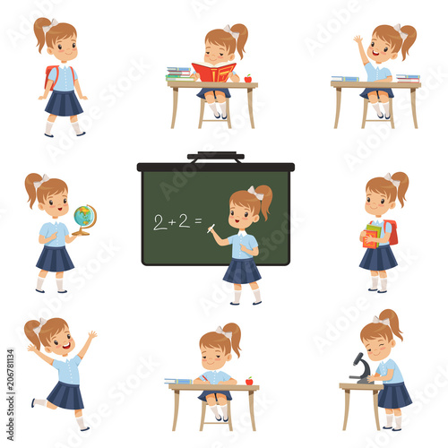 Cute schoolgirl student in uniform in various activities set, girl at lessons of biology, geography, mathematics vector Illustrations on a white background