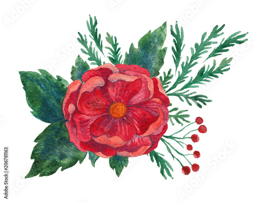 watercolor illustration of a flower, large red flower with leaves
