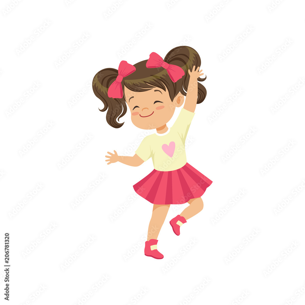 Lovely brunette little girl dancing vector Illustration on a white background
