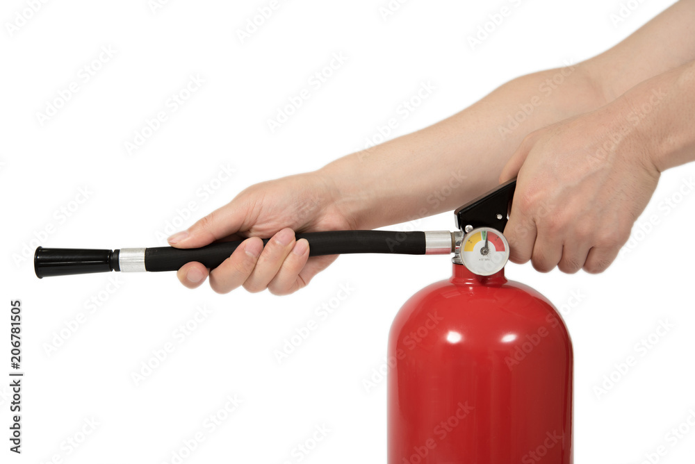 Naklejka premium motion hand press the fire extinguisher, isolated.
