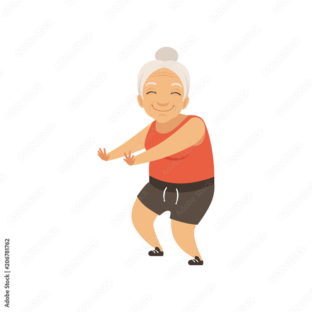 Grey senior woman in sports uniform doing squats, grandmother character doing morning exercises or therapeutic gymnastics, active and healthy lifestyle vector Illustration on a white background