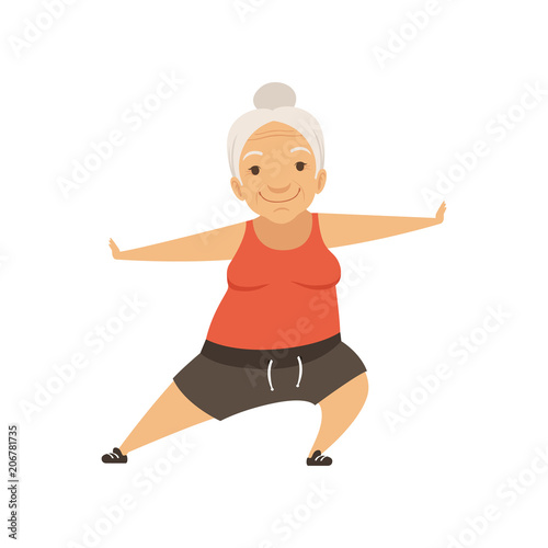 Grey senior woman doing sports, grandmother character doing morning exercises or therapeutic gymnastics, active and healthy lifestyle vector Illustration on a white background
