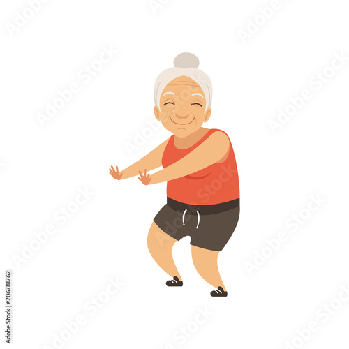 Grey senior woman in sports uniform doing squats, grandmother character doing morning exercises or therapeutic gymnastics, active and healthy lifestyle vector Illustration on a white background © topvectors