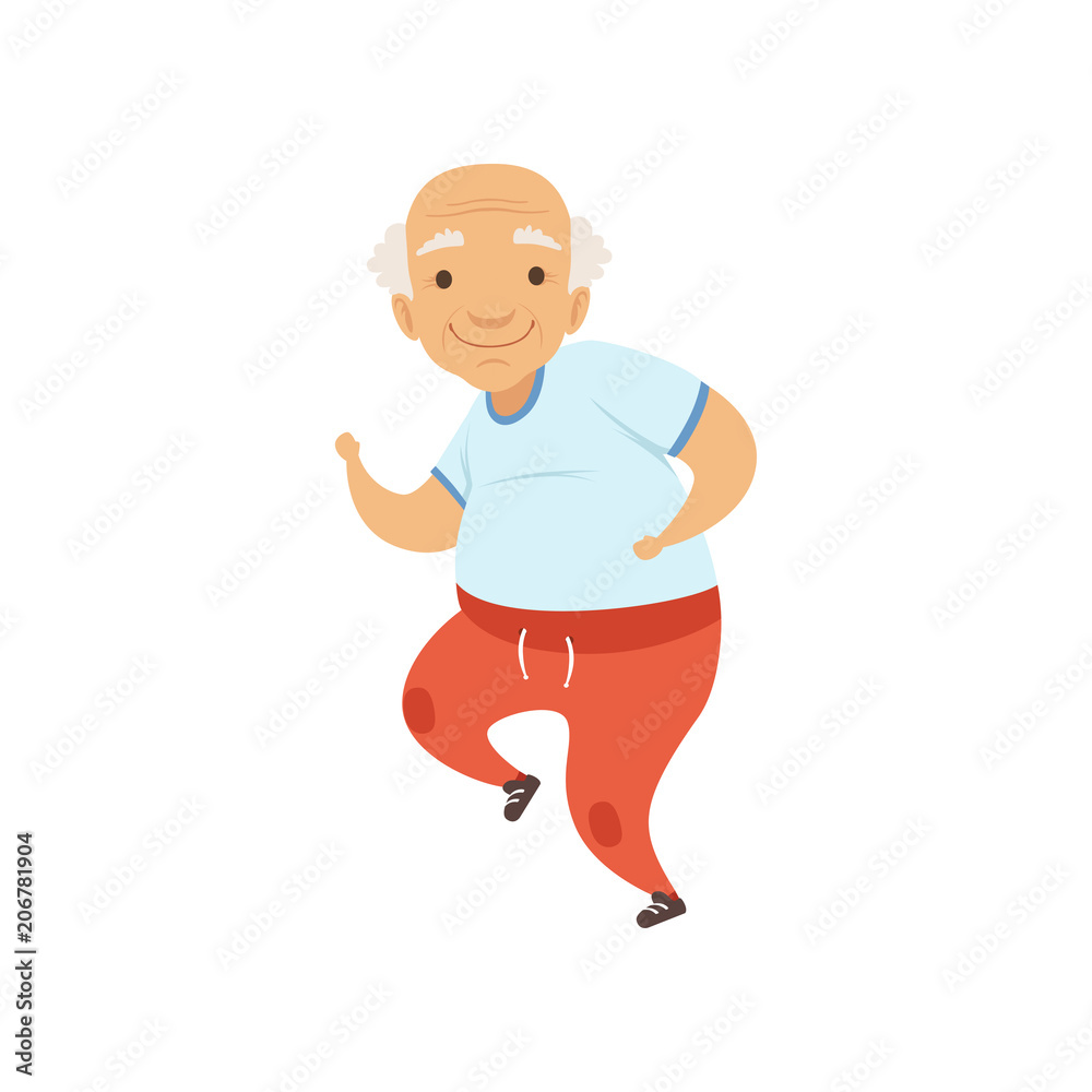 Senior man running in sports uniform, grandmother character doing morning exercises or therapeutic gymnastics, active and healthy lifestyle vector Illustration