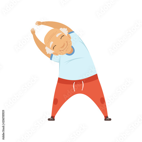 Senior man doing sport exercise, incline to side, grandmother character doing morning exercises or therapeutic gymnastics, active and healthy lifestyle vector Illustration