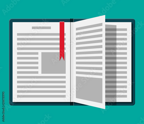 Open book with an upside down page and bookmark.