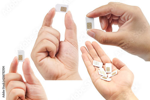 Collection of hand holding sim card. isolated on white background. photo