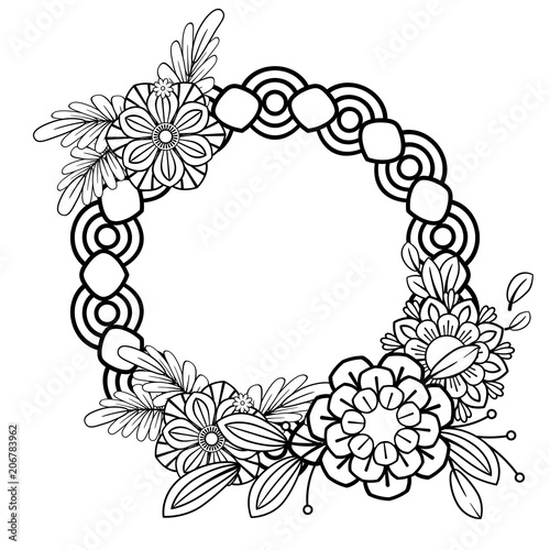Flowers decorative frame. Isolated on white background. Floral monochrome ornament. Black and white vector illustration.