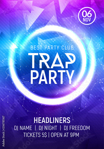 Electro dance trap party music night poster template. Electro style concert disco club party event invitation