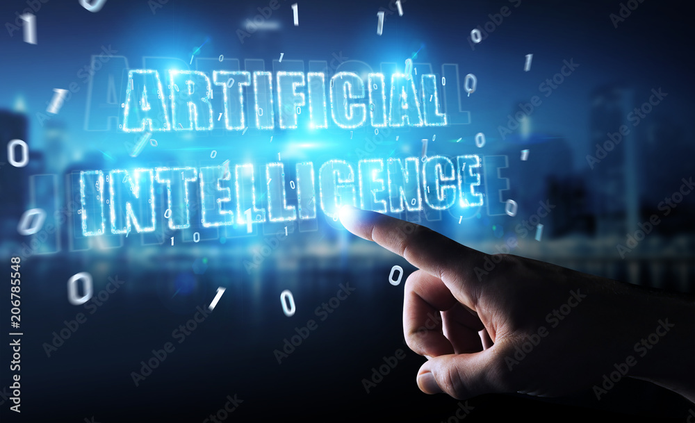 Businessman using digital artificial intelligence text hologram 3D rendering Businessman using digital artificial intelligence text hologram 3D rendering