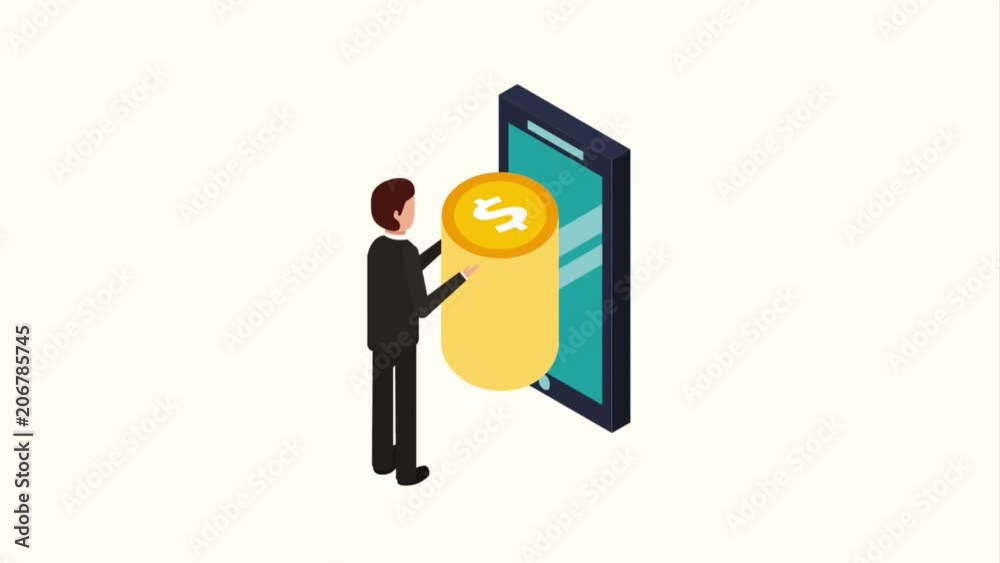 businessman and banknote money coins transaction phone business and banking isometric animation hd businessman and banknote money coins transaction phone business and banking isometric animation hd