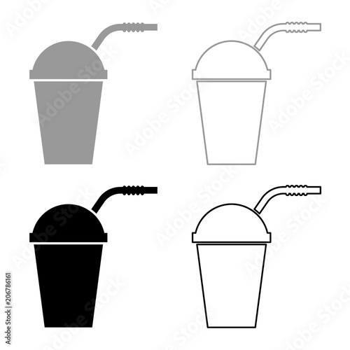 Closed container for hot cold drinks with straw icon set grey black color