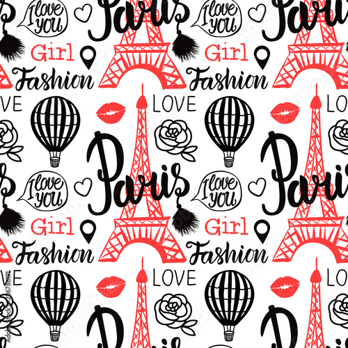 Vector Seamless Pattern Balloon and Paris Eiffel Tower with lettering inscription
