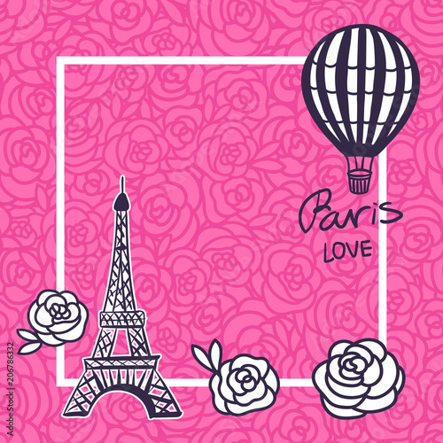 Vector Paris card. Eiffel Tower and Balloon hand drawing. Pink design for girls.