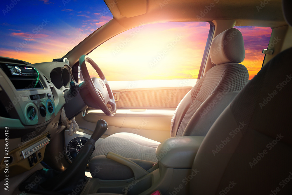 sunset,sunlight viewed from inside a car