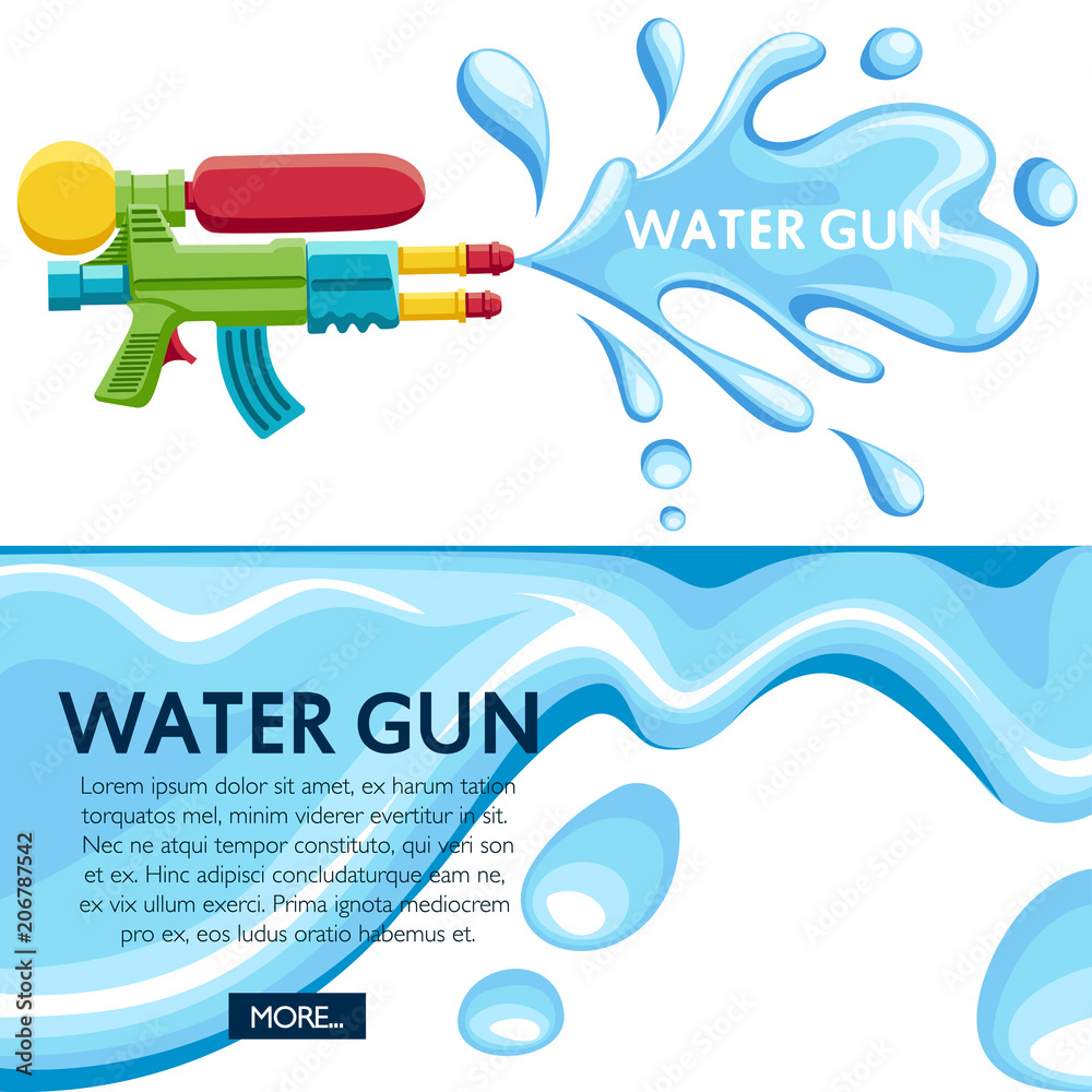 Colorful water gun. Water splash on white background. Flat vector