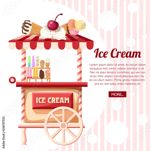 Pink ice cream cart. Retro trolley. Stand of ice creams, sweet cart. Vector illustration on background with line texture. Place for your text. Website page and mobile app design