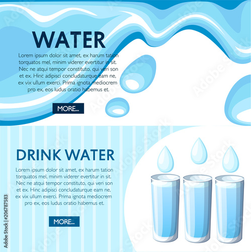 Glass of water. Water drops in glass. Aqua splash. Flat style vector illustration on white background. Place for your text. Website page and mobile app design
