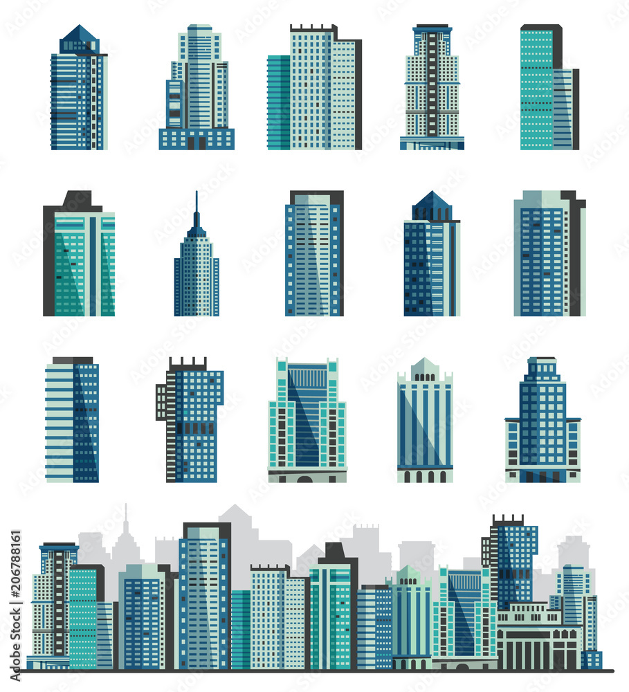 Building skyscraper or city skyline vector set cityscape with business officebuilding of commercial company and build architecture to high sky illustration isolated on white background