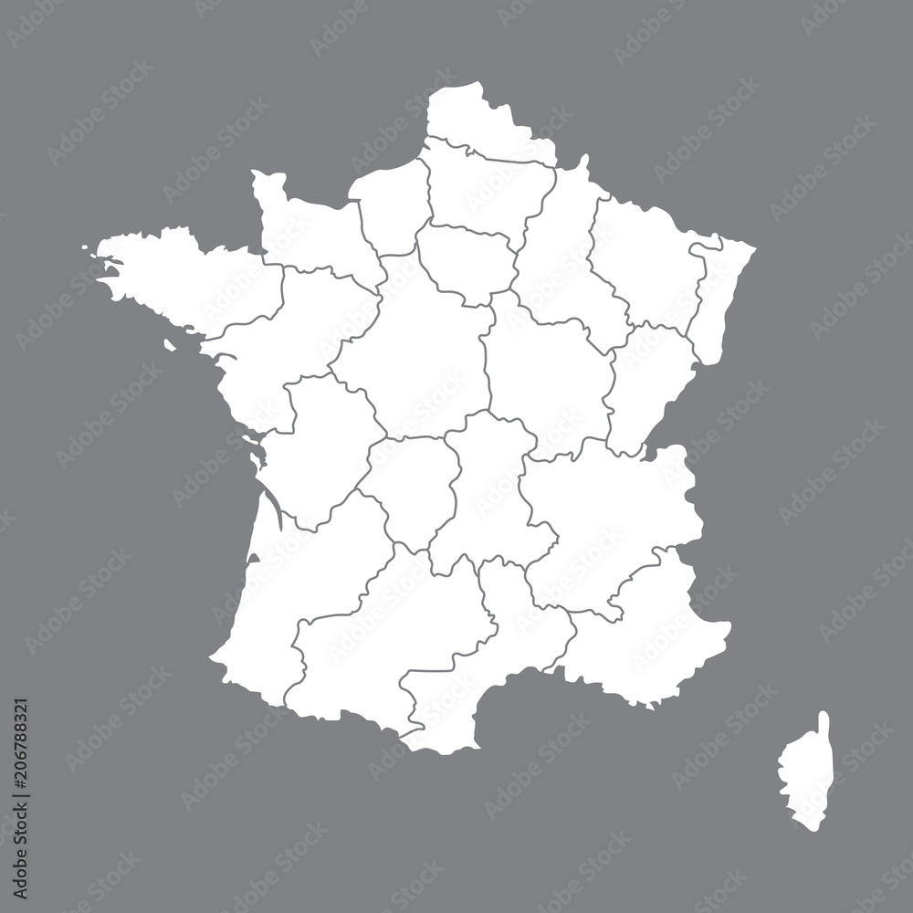 Blank map France. High quality map of France with borders of the regions. Stock vector. Vector illustration EPS10.