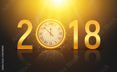 2018 new year shining background with clock. Happy new year 2018 celebration decoration poster, festive card template photo