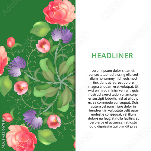 Vector bcakground with floral ornament. Rose, tulip, leaf. Circular ornament.