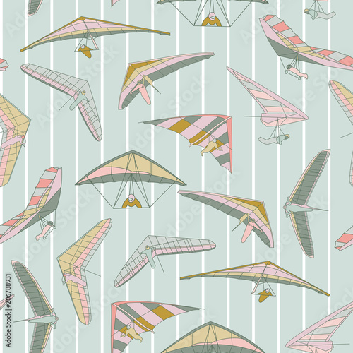 sky gliding man flying extreme sport, hang-glider seamless pattern, child, sea, freedom, bright, colorful.strip