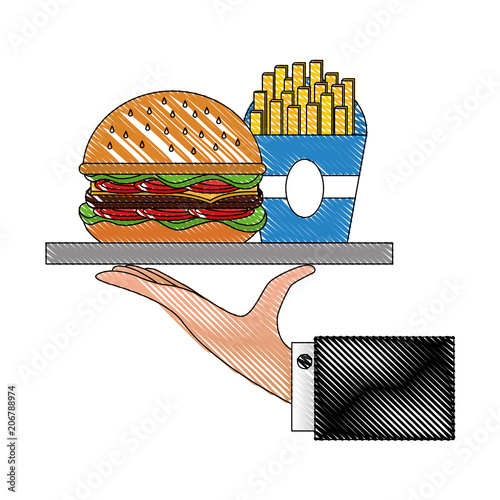 hand holding tray with burger and french fries vector illustration